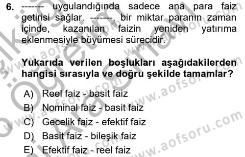Finansal Yönetim 1 Dersi 2025 - 2026 Yılı (Vize) Ara Sınav Soruları 6. Soru