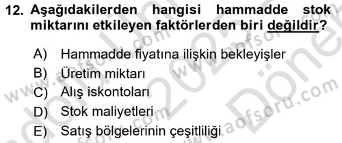 Finansal Yönetim 1 Dersi 2025 - 2026 Yılı (Final) Dönem Sonu Sınav Soruları 12. Soru