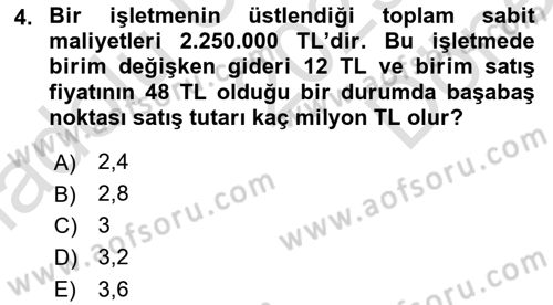 Finansal Yönetim 1 Dersi 2025 - 2026 Yılı (Final) Dönem Sonu Sınav Soruları 4. Soru
