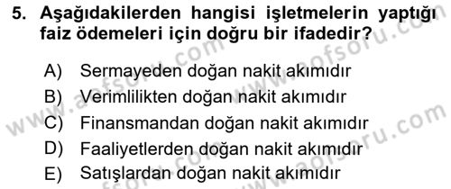 Finansal Yönetim 1 Dersi 2025 - 2026 Yılı (Final) Dönem Sonu Sınav Soruları 5. Soru