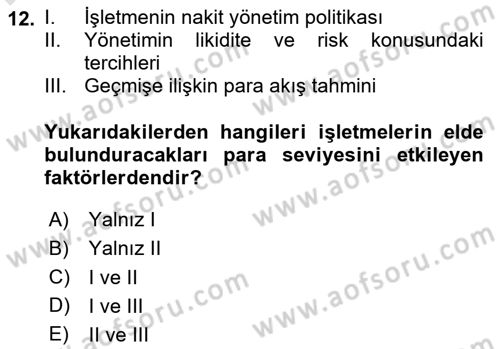 Finansal Yönetim 1 Dersi 2025 - 2026 Yılı Yaz Okulu Sınav Soruları 12. Soru