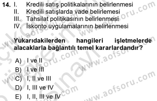 Finansal Yönetim 1 Dersi 2025 - 2026 Yılı Yaz Okulu Sınav Soruları 14. Soru