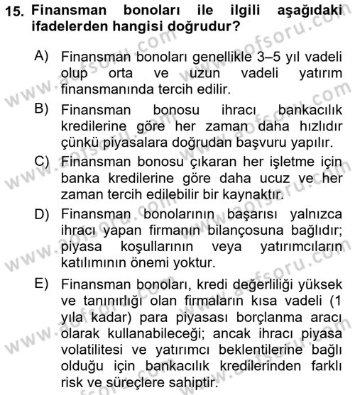 Finansal Yönetim 1 Dersi 2025 - 2026 Yılı Yaz Okulu Sınav Soruları 15. Soru