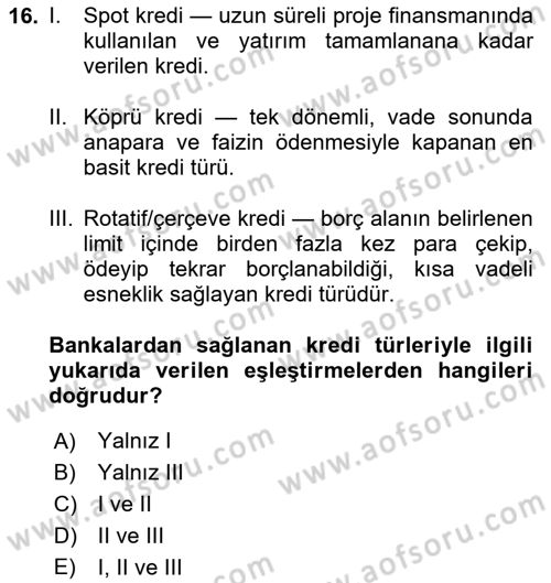 Finansal Yönetim 1 Dersi 2025 - 2026 Yılı Yaz Okulu Sınav Soruları 16. Soru