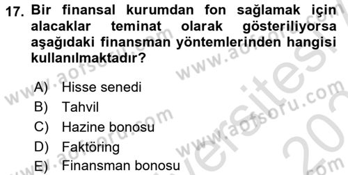 Finansal Yönetim 1 Dersi 2025 - 2026 Yılı Yaz Okulu Sınav Soruları 17. Soru