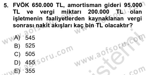 Finansal Yönetim 1 Dersi 2025 - 2026 Yılı Yaz Okulu Sınav Soruları 5. Soru