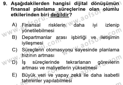 Finansal Yönetim 1 Dersi 2025 - 2026 Yılı Yaz Okulu Sınav Soruları 9. Soru