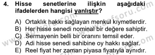 Finansal Yönetim 2 Dersi 2012 - 2013 Yılı (Vize) Ara Sınavı 4. Soru