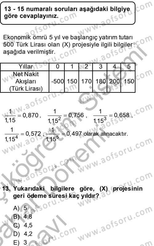 Finansal Yönetim 2 Dersi 2013 - 2014 Yılı (Vize) Ara Sınavı 13. Soru