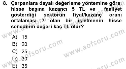 Finansal Yönetim 2 Dersi 2015 - 2016 Yılı (Vize) Ara Sınav Soruları 8. Soru