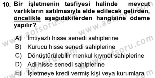Finansal Yönetim 2 Dersi 2017 - 2018 Yılı (Vize) Ara Sınav Soruları 10. Soru