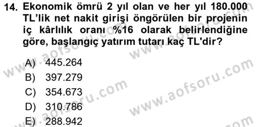 Finansal Yönetim 2 Dersi 2017 - 2018 Yılı (Vize) Ara Sınav Soruları 14. Soru