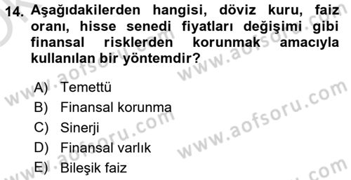 Finansal Yönetim 2 Dersi 2021 - 2022 Yılı Yaz Okulu Sınavı 14. Soru