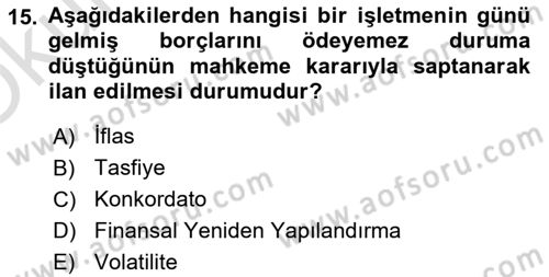 Finansal Yönetim 2 Dersi 2022 - 2023 Yılı Yaz Okulu Sınav Soruları 15. Soru