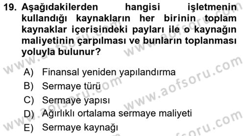 Finansal Yönetim 2 Dersi 2024 - 2025 Yılı (Vize) Ara Sınav Soruları 19. Soru