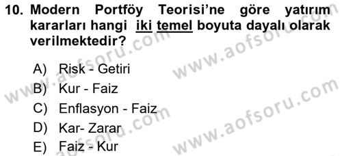 Finansal Yönetim 2 Dersi 2025 - 2026 Yılı (Vize) Ara Sınav Soruları 10. Soru