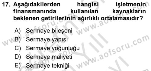 Finansal Yönetim 2 Dersi 2025 - 2026 Yılı (Vize) Ara Sınav Soruları 17. Soru