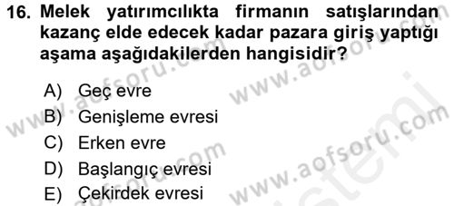 Girişim Finansmanı Dersi 2017 - 2018 Yılı 3 Ders Sınav Soruları 16. Soru
