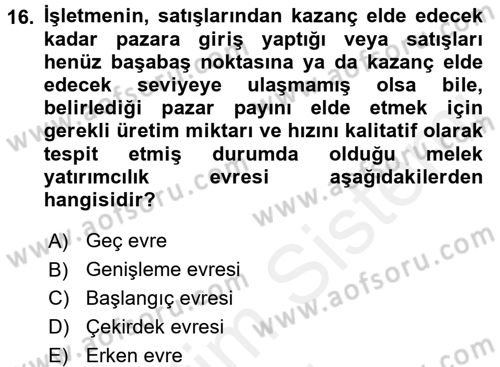 Girişim Finansmanı Dersi 2017 - 2018 Yılı (Final) Dönem Sonu Sınav Soruları 16. Soru