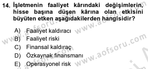 Girişim Finansmanı Dersi 2019 - 2020 Yılı (Vize) Ara Sınav Soruları 14. Soru