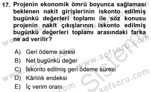 Girişim Finansmanı Dersi 2019 - 2020 Yılı (Vize) Ara Sınav Soruları 17. Soru