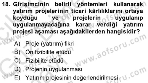 Girişim Finansmanı Dersi 2019 - 2020 Yılı (Vize) Ara Sınav Soruları 18. Soru