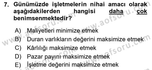 Girişim Finansmanı Dersi 2019 - 2020 Yılı (Vize) Ara Sınav Soruları 7. Soru
