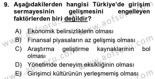 Girişim Finansmanı Dersi 2019 - 2020 Yılı (Final) Dönem Sonu Sınav Soruları 9. Soru