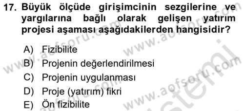 Girişim Finansmanı Dersi 2021 - 2022 Yılı (Vize) Ara Sınav Soruları 17. Soru