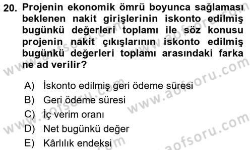Girişim Finansmanı Dersi 2021 - 2022 Yılı (Vize) Ara Sınav Soruları 20. Soru