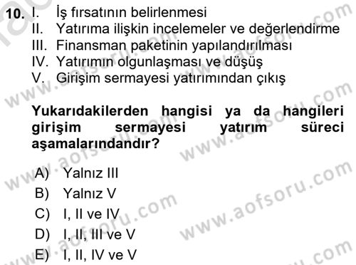 Girişim Finansmanı Dersi 2021 - 2022 Yılı (Final) Dönem Sonu Sınav Soruları 10. Soru