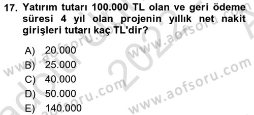Girişim Finansmanı Dersi 2022 - 2023 Yılı (Vize) Ara Sınav Soruları 17. Soru