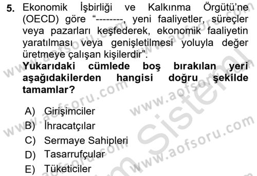 Girişim Finansmanı Dersi 2022 - 2023 Yılı (Vize) Ara Sınav Soruları 5. Soru