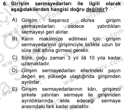 Girişim Finansmanı Dersi 2022 - 2023 Yılı (Vize) Ara Sınav Soruları 6. Soru