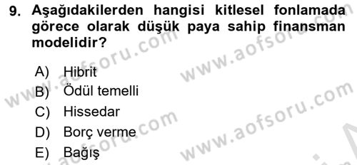 Girişim Finansmanı Dersi 2022 - 2023 Yılı (Final) Dönem Sonu Sınav Soruları 9. Soru