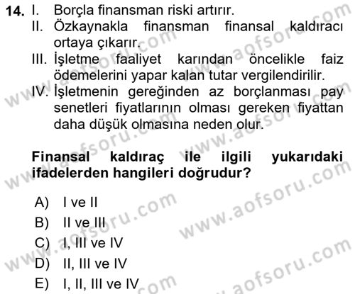 Girişim Finansmanı Dersi 2023 - 2024 Yılı (Vize) Ara Sınav Soruları 14. Soru