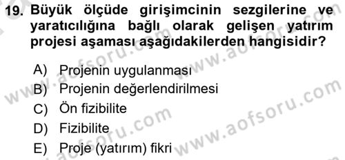 Girişim Finansmanı Dersi 2023 - 2024 Yılı (Vize) Ara Sınav Soruları 19. Soru