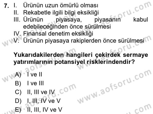 Girişim Finansmanı Dersi 2023 - 2024 Yılı (Vize) Ara Sınav Soruları 7. Soru