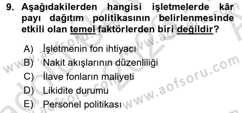 Girişim Finansmanı Dersi 2023 - 2024 Yılı (Vize) Ara Sınav Soruları 9. Soru