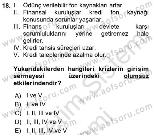 Girişim Finansmanı Dersi 2023 - 2024 Yılı (Final) Dönem Sonu Sınav Soruları 18. Soru