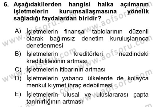 Girişim Finansmanı Dersi 2023 - 2024 Yılı (Final) Dönem Sonu Sınav Soruları 6. Soru