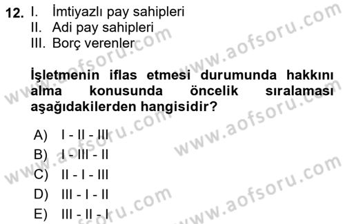 Girişim Finansmanı Dersi 2024 - 2025 Yılı (Vize) Ara Sınav Soruları 12. Soru
