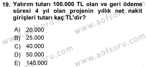 Girişim Finansmanı Dersi 2024 - 2025 Yılı (Vize) Ara Sınav Soruları 19. Soru