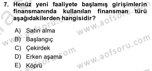 Girişim Finansmanı Dersi 2024 - 2025 Yılı (Vize) Ara Sınav Soruları 7. Soru