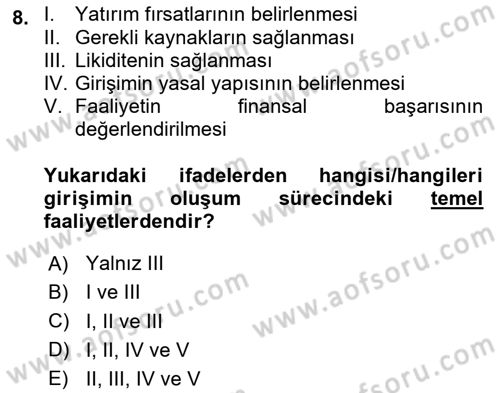 Girişim Finansmanı Dersi 2024 - 2025 Yılı (Vize) Ara Sınav Soruları 8. Soru