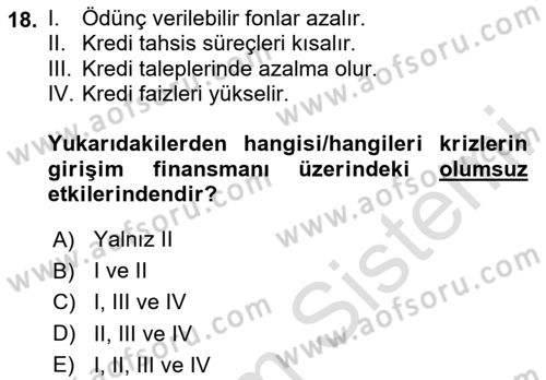 Girişim Finansmanı Dersi 2024 - 2025 Yılı (Final) Dönem Sonu Sınav Soruları 18. Soru