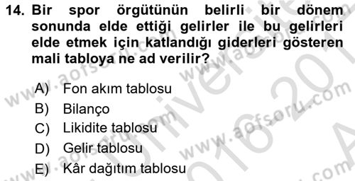 Spor Finansmanı Dersi 2016 - 2017 Yılı (Vize) Ara Sınav Soruları 14. Soru