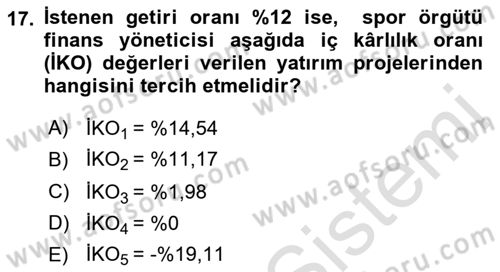 Spor Finansmanı Dersi Ara Sınavı Deneme Sınav Soruları 17. Soru