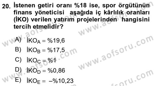 Spor Finansmanı Dersi Ara Sınavı Deneme Sınav Soruları 20. Soru