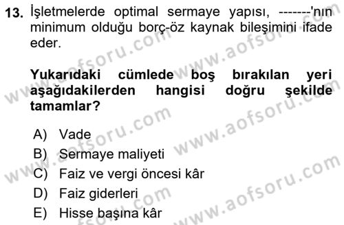 Spor Finansmanı Dersi 2023 - 2024 Yılı (Final) Dönem Sonu Sınav Soruları 13. Soru